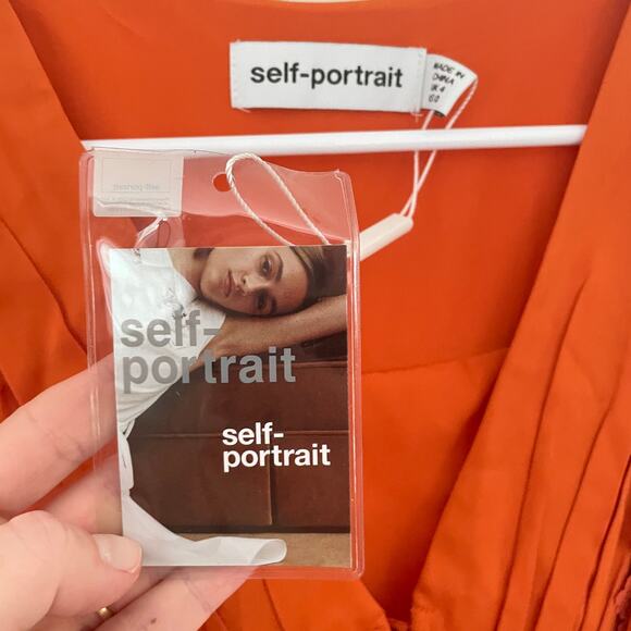 NWT SELF-PORTRAIT Lace Trim Satin Twill Ruffle Midi Dress In Orange Size 0 UK 4 - Picture 8 of 11